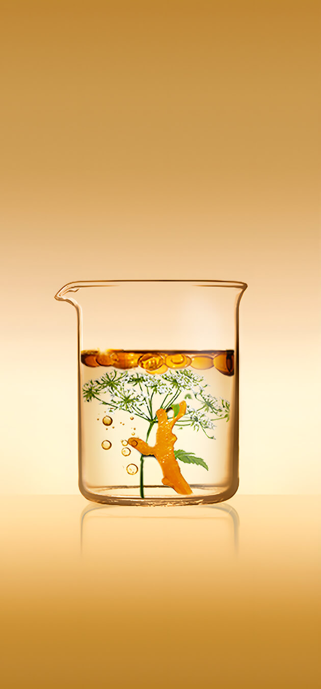 Game play screen with 7 aligned beakers containing plant ingredients inside