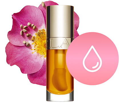 Lip Oil packshot with main ingredient Sweetbriar rose oil right next to it