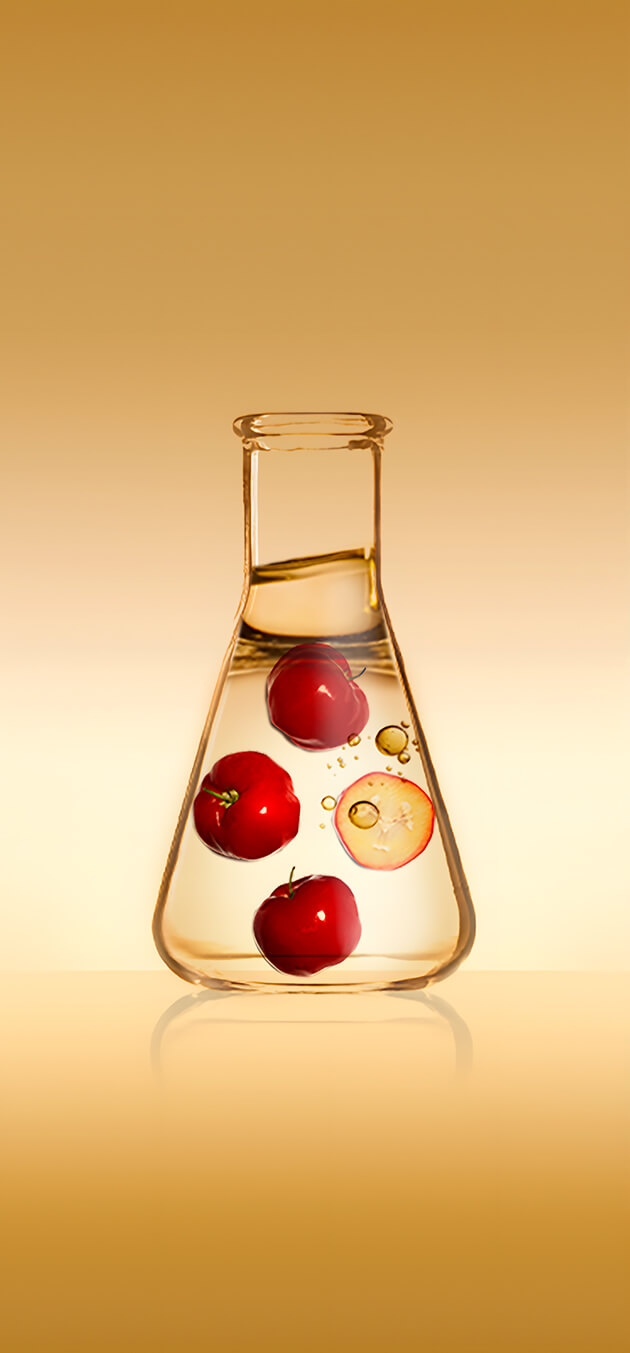 Game play screen with 7 aligned beakers containing plant ingredients inside